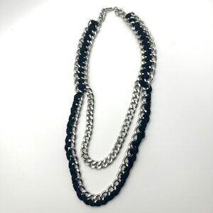 CHUNKY Double Chain Silver Metal and Ribbon Necklace